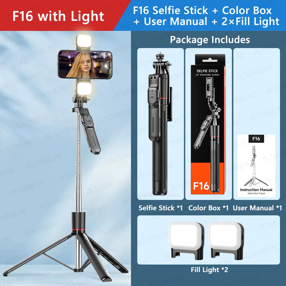 F16 Selfie Stick-statief met 1708 mm lange 8-delige paal, Bluetooth-afstandsbediening, 360 °   Rotatie, 1/4 interface, voor telefooncamera vlog