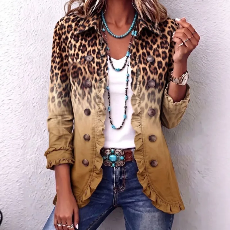 Women's Fashion Leopard Print Buttoned Cardigan Jacket Casual Foreign Style Long Sleeve Ruffled Tops Spring Autumn Coats Ladies