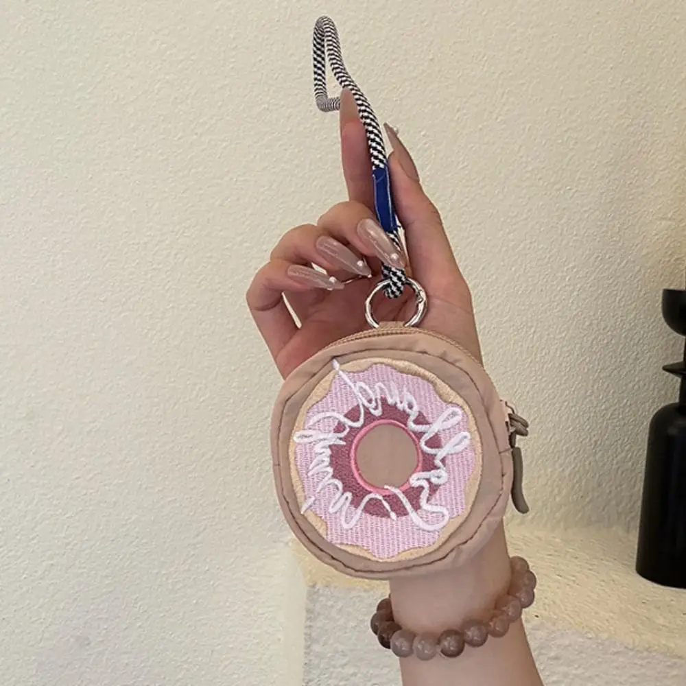 Bolsa de cambio, Mini monedero bonito con cuerda, Donut, llavero de nailon, billetera, bolsa para auriculares bordada con cremallera de gato para exteriores