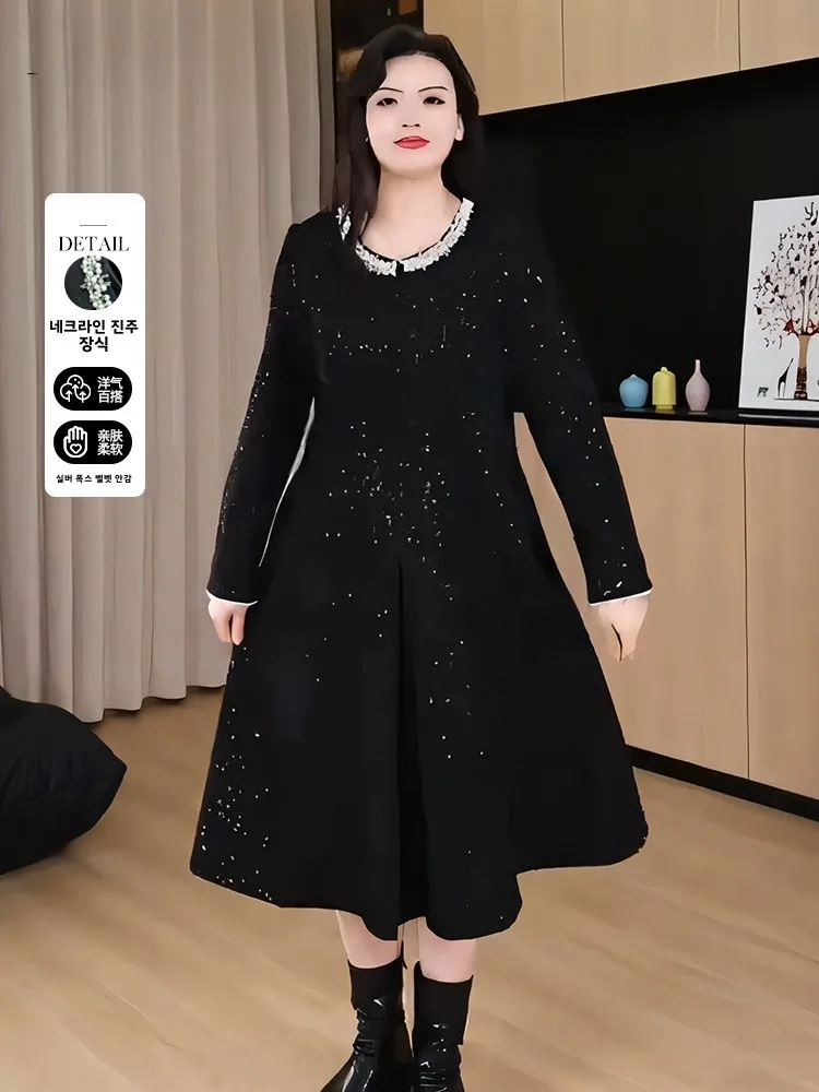 Plus Size [High-End Silver Spreading Fleece-lined Long dress] Autumn and Winter New Slimming Black Formal Dress Dress Plus si...