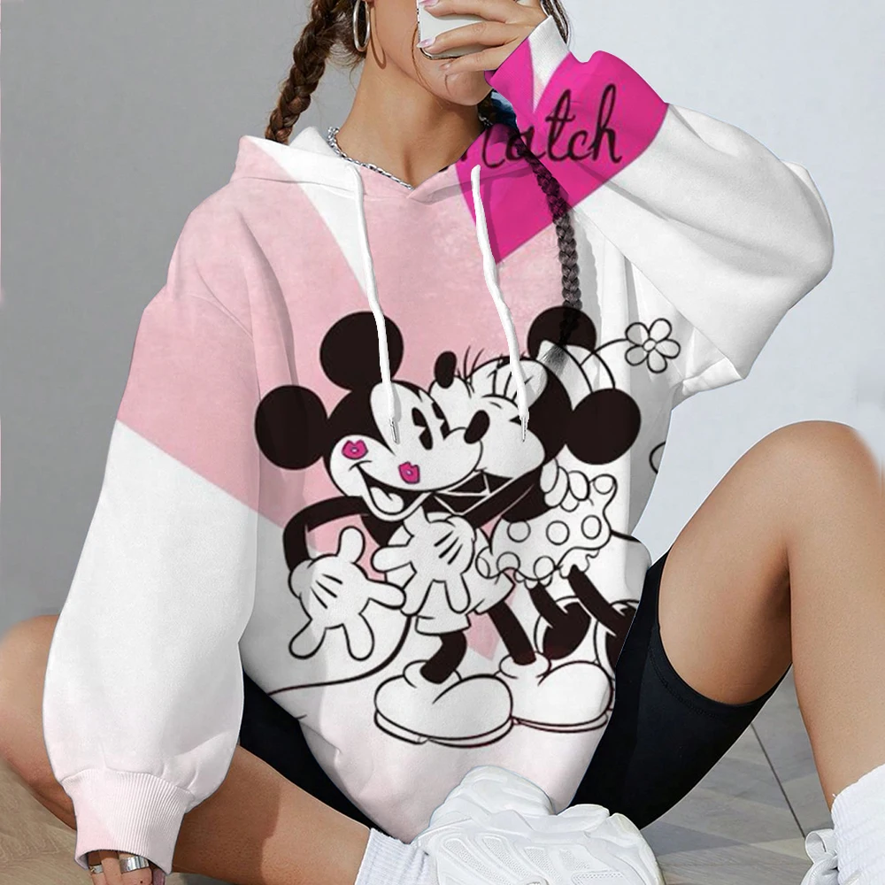 2025 女性の秋のかわいいディズニーミッキーマウスプリントブラックパーカーファッションカップルストリートウェアスポーツウェア