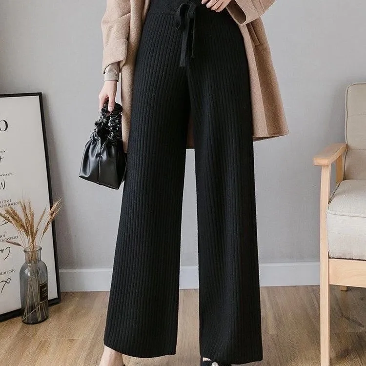 Thiened Pantalon à jambes larges tricoté Taille haute pour femme Automne Hiver Pantalon ample drapé à jambes droites Pantalon long en laine e Tube...