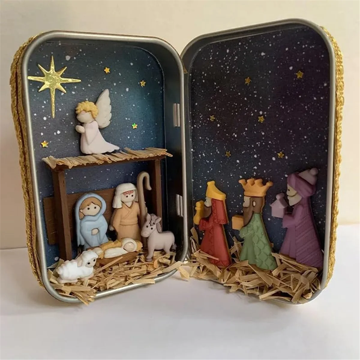 Christmas Nativity Handmade Cabin Box Theater Desktop Ornaments Jesus Nativity Set Family Nativity Scene for Xmas Decor