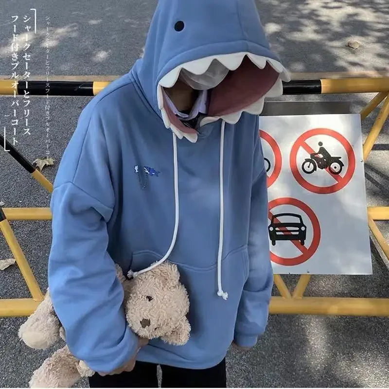 New 2021 Autumn/Winter Shark Cap Hoodie Loose Fit Fleece Lined Couple Sweatshirts Men Women Student Weird Design Sensibility Top