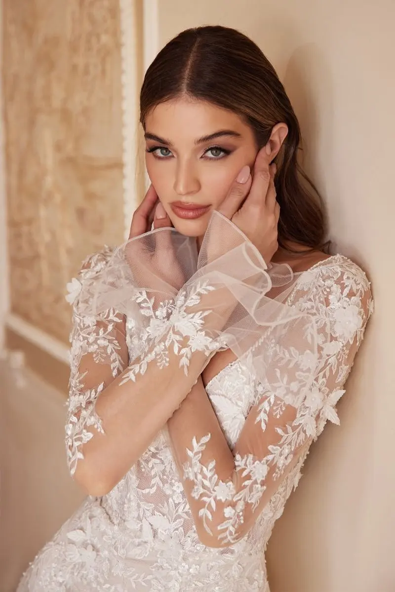 Luksusowe suknie ślubne w stylu syreny z dekoltem w serek, aplikacjami z koronki, suknie ślubne szyte na miarę, długie rękawy, odkryte plecy, tren zamiatający, suknia, vestidos