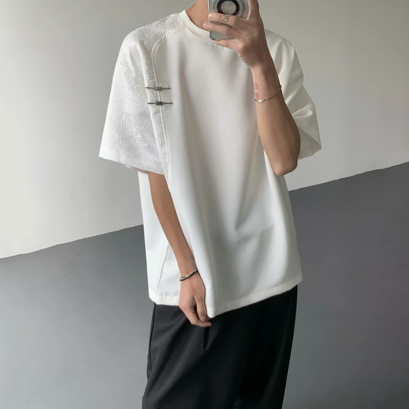 WTHT Trendy Men's Patchwork Metal Plate Buckle Casual T-shirts Fashion 2026 Summer Chinese Style Short Sleeves Tops Male 2A3031
