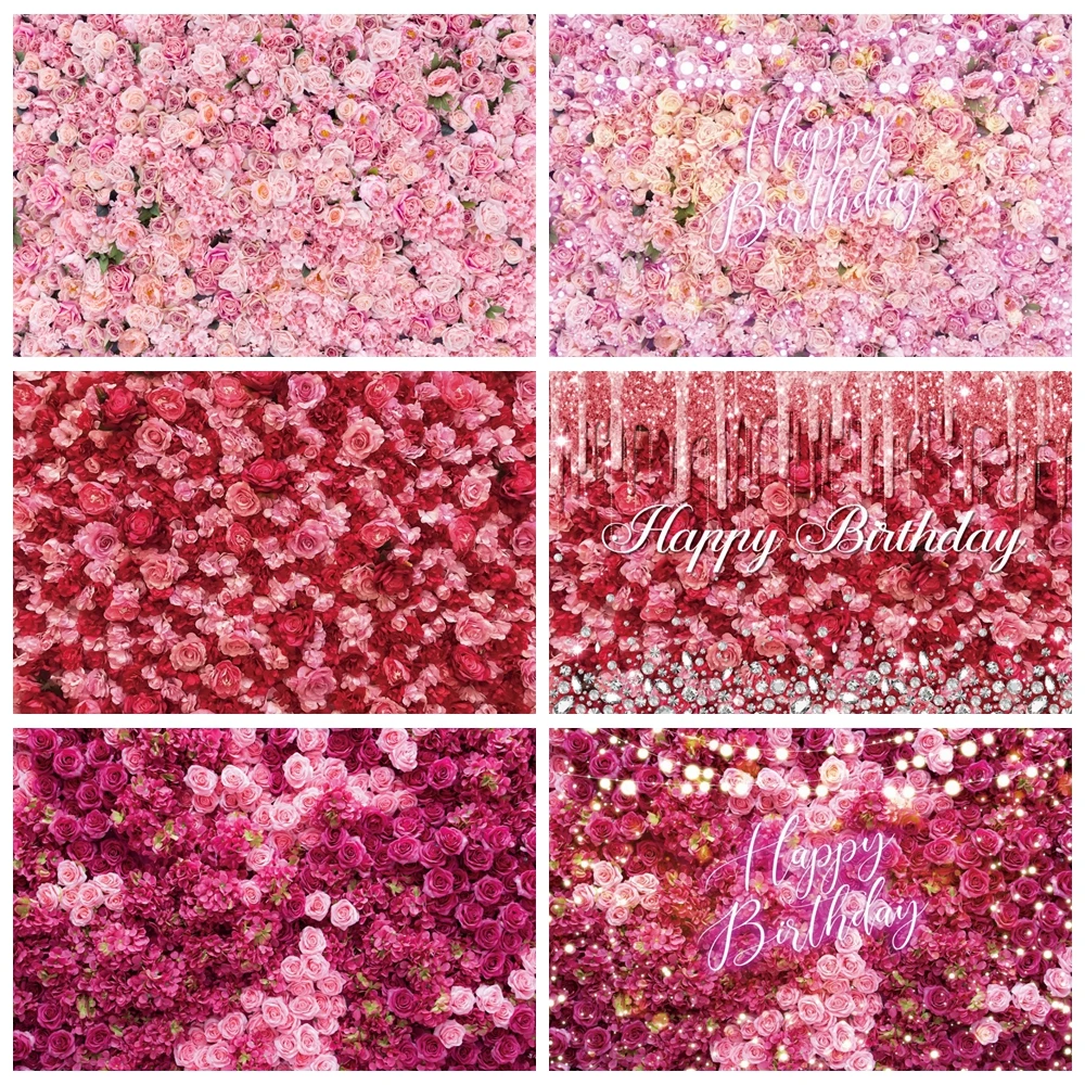 Happy Birthday Flower Wall Photography Backdrop Customized Glitter Pink Red Floral Wedding Bridal Baby Shower Photo Background