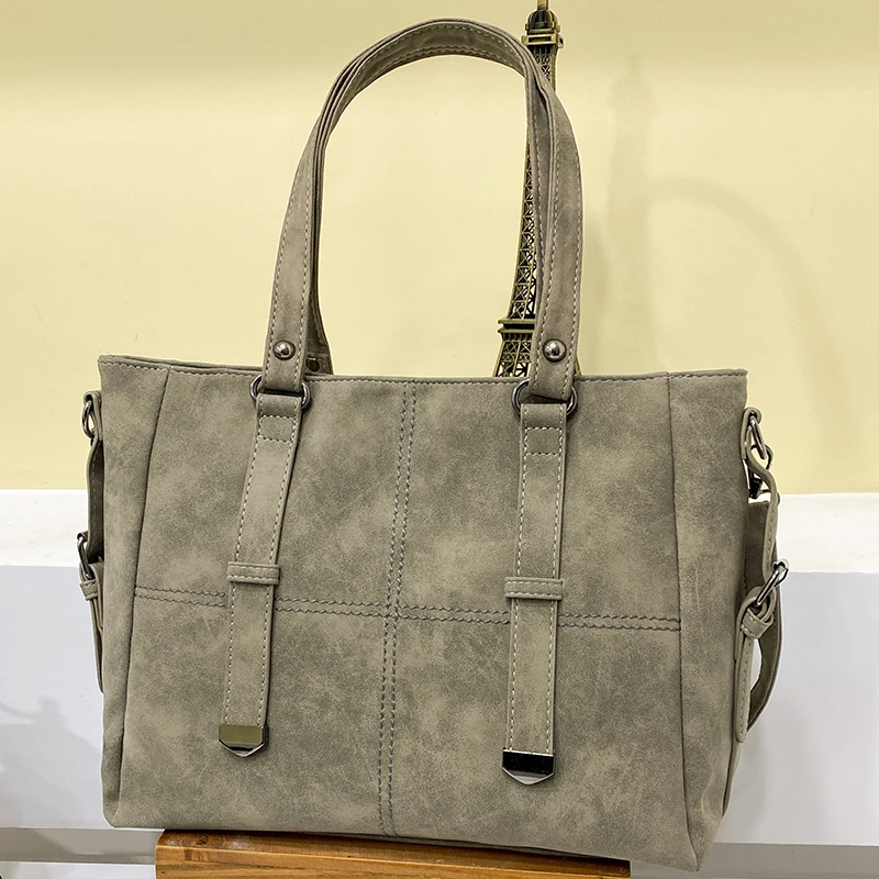 Women Nubuck Leather Handbag Retro Suede Ladies Quilted Large Tote Shoulder Bag Female Gray New Vintage Commuter Crossbody Bags