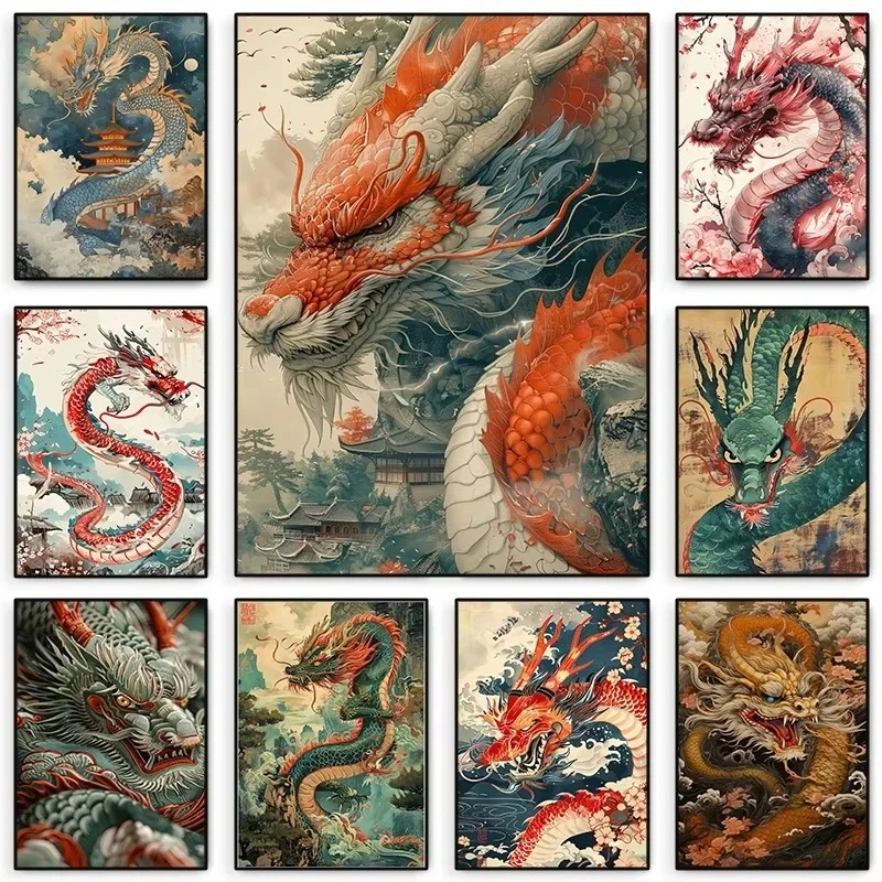 Chinese Dragon Poster Japanese Sakura Dragons Ukiyo-e Inspired Canvas Painting Print Asian Wall Art Picture for Room Home Dec