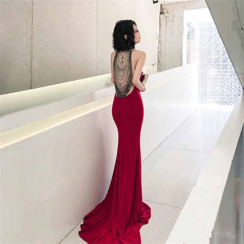 2022 Sexy Red Halter Sleeveless Prom Dress Long Mermaid Evening Dress Woman Formal Party Dress Toast Clothing