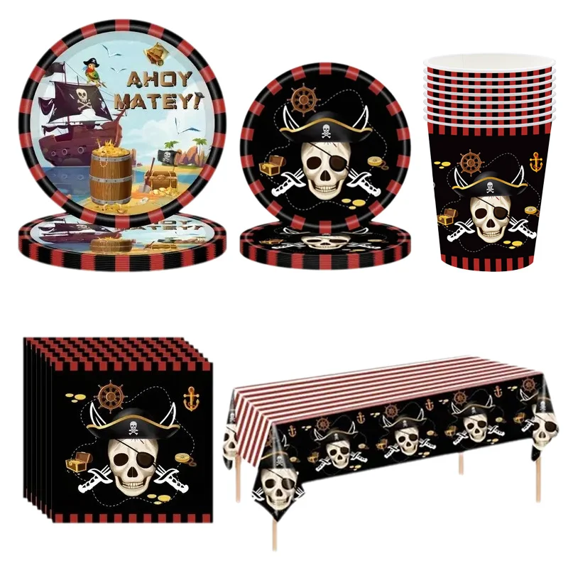 

Pirate Party Supplies Tableware Pirate Dinnerware Tablecloth Paper Plates Cups Napkins for Kids Pirate Birthday Decorations