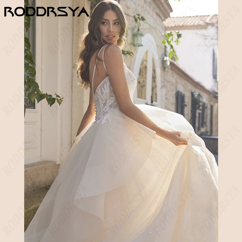 RODDRSYA-Robes de mariée à bretelles spaghetti pour femmes, robe trapèze chérie, appliques en dentelle, patients plissés, quoi que ce soitRobes de mariée à bretelles spaghetti pour femmes, robe trapèze chérie, applique