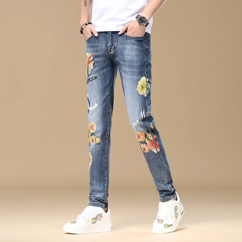 2024 New light luxury jeans men's fashion print slim fit small feet street trend Korean elastic high end denim pants