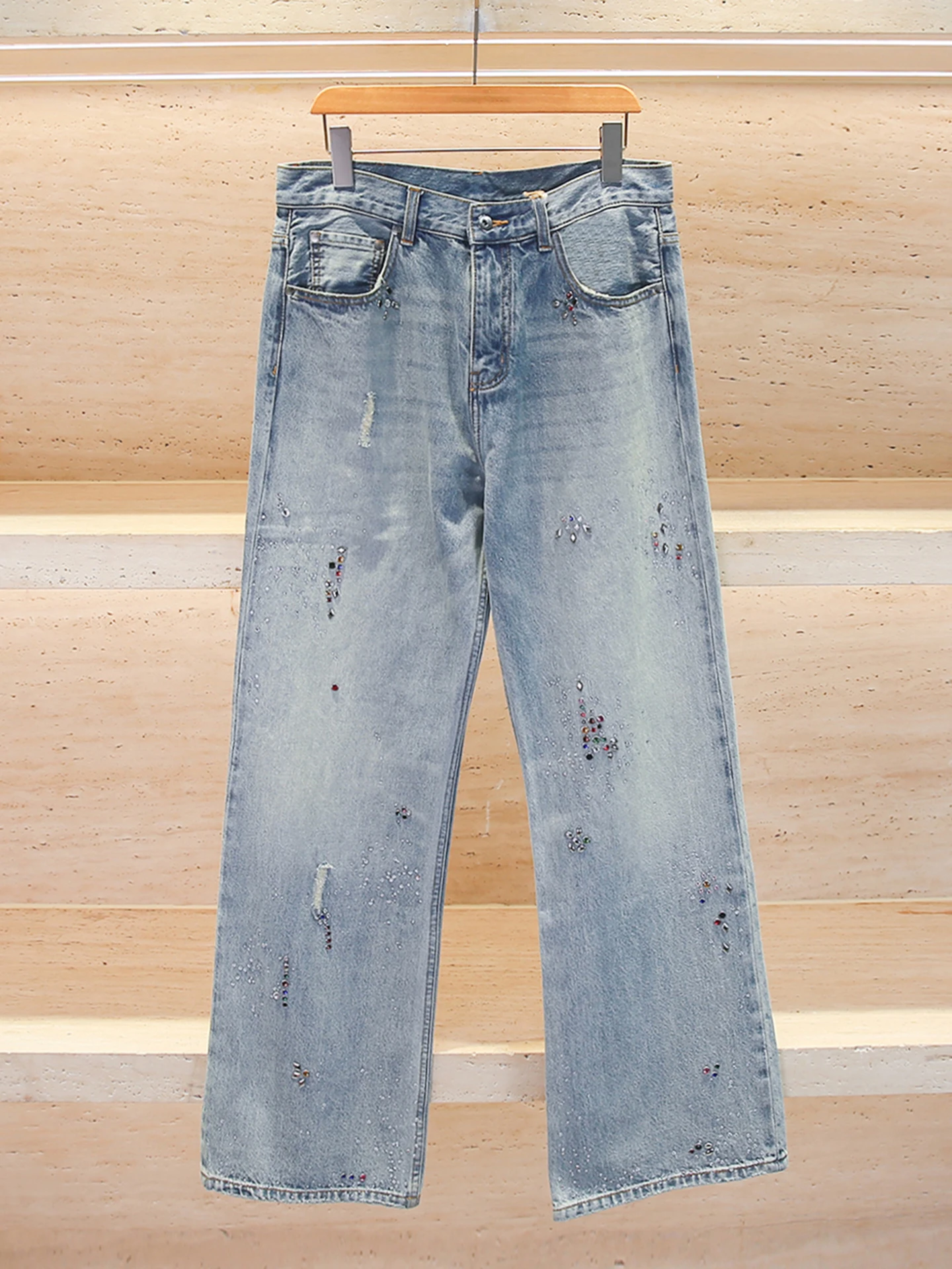 

Премиальные женские джинсы с высокой талией и широкими штанинами, весна-лето, новый стиль, с эффектом South Oil Glitter Wash, повседневные, прямого кроя, синие