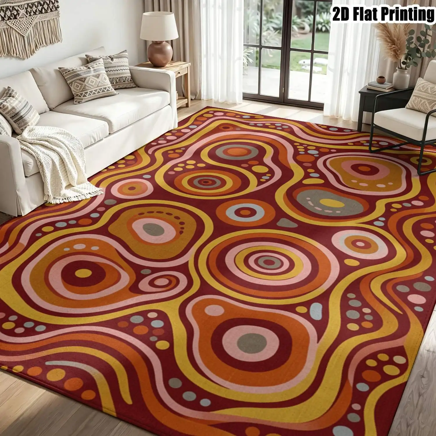 1Pc 2D Printed Carpet: Warm Brown Polka Dot Curves & Abstract Patterns Modern Minimalist, Bohemian, Vintage Decor. Multi-Size, Machine Washable, Ideal for Home & Various Spaces.