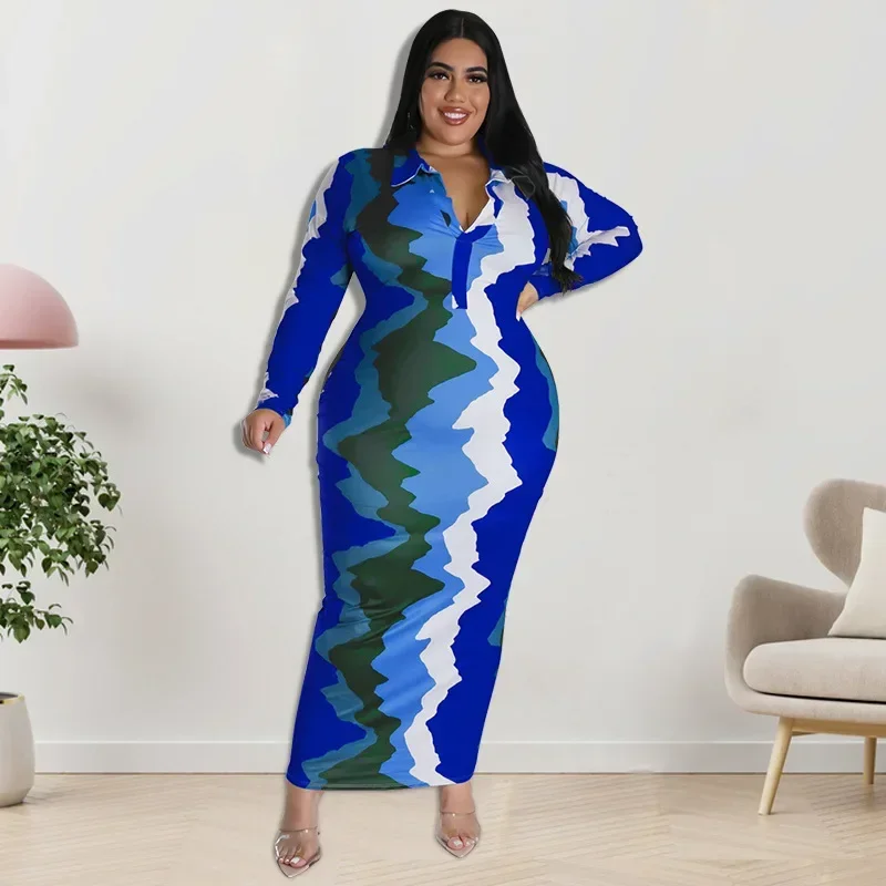 KEXU Mode Plus Size Damesjurken Street Trend Wave Print Maxi-jurk Chique Elegant Casual Grote maat Reversjurk met lange mouwen