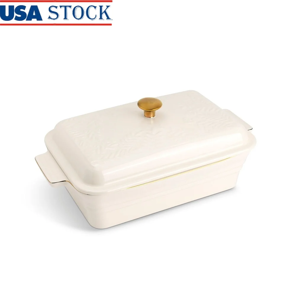 

13 Inch Stoneware Baking Dish with Lid Embossed Design Dishwasher Safe Non Stick Oven Safe Ideal Casseroles Roasting Vegetables