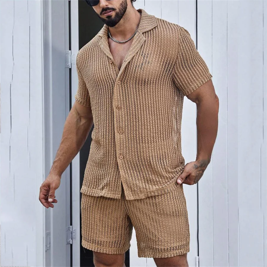 2024 Sexy Hollow Out Mesh Knitted Two Piece Suits for Men Summer Beach Lapel Shirts and Shorts Men\'s Outfits Casual Shorts Set