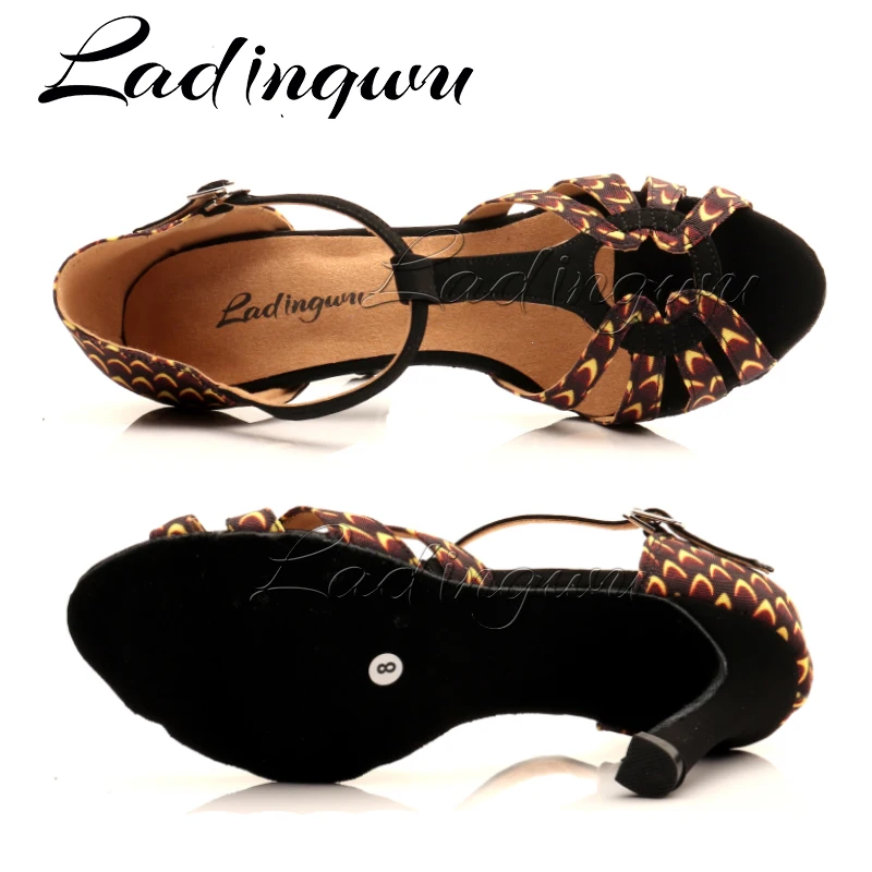 Ladingwu Dance Shoes Ballroom Printed Denim Latin Dance Shoes Women Profession Salsa Dance Shoes  New Dance Sandals 6-10cm