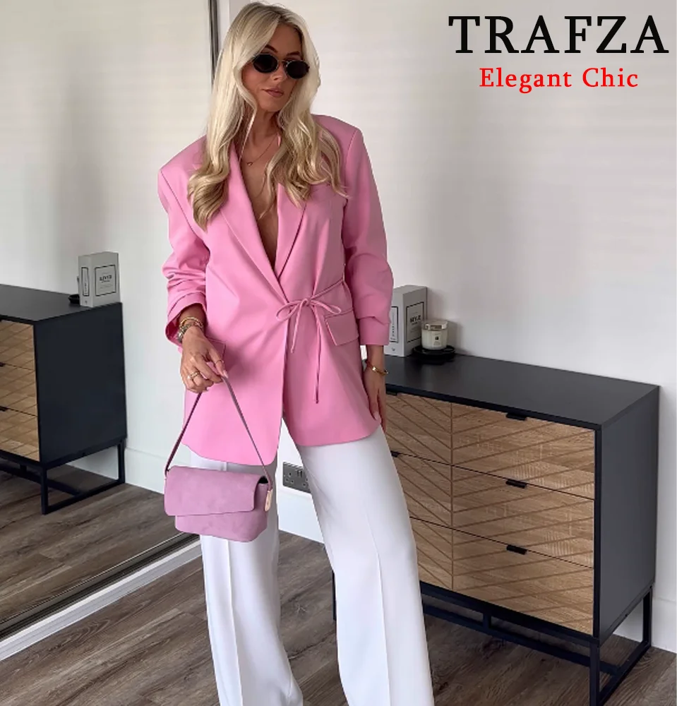 TRAFZA Women Elegant Pink Blazer Lapel Lace-Up Loose Blazer New 2025 Spring Fashion High Street Sweet Holidays Female Blazer