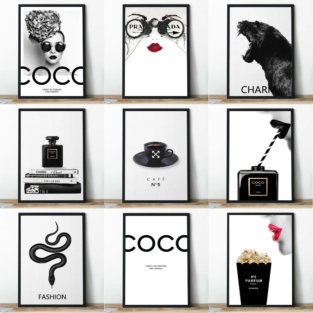 1PC Poster sans cadre, style Pop Art, motif Coco, noir et blanc, avec impression Giclée de bouteille de parfum, design nordique de luxe minimaliste, pour décoration murale P