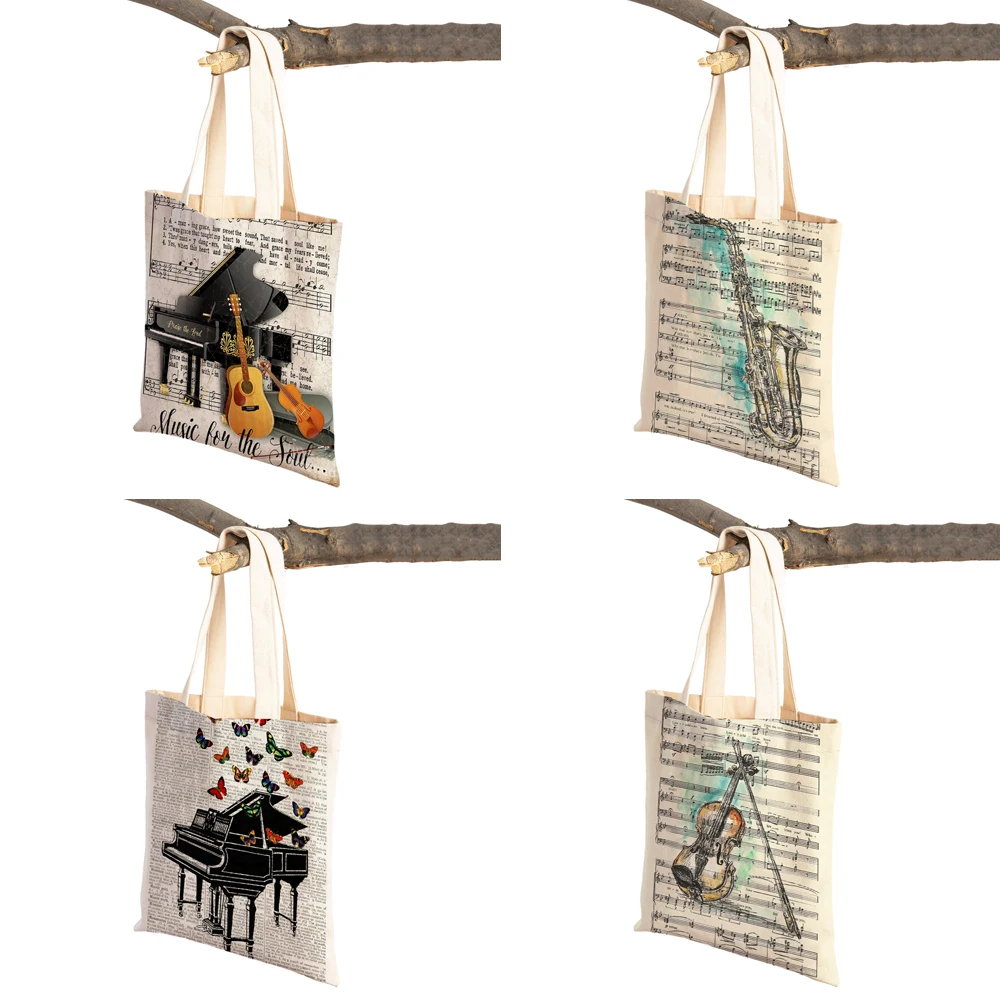 Fashion Music Note Tote Handbag for Women Guitar Microphone Violin Reusable Both Sided Print Casual Lady Canvas Shopping Bag