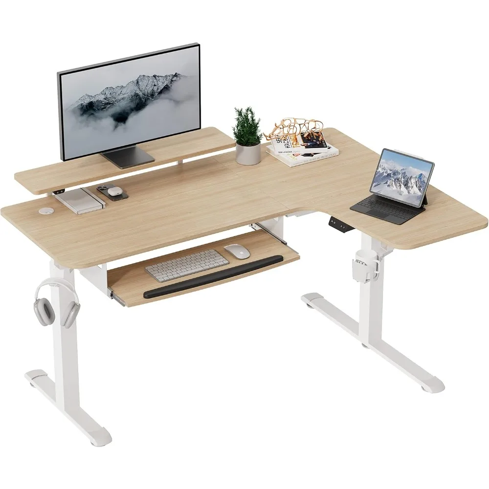 

Standing Desk Adjustable Height 61" Electric Sit Stand Computer Desk L Shaped with Keyboard Tray,Monitor Stand &LED, Dual Motor
