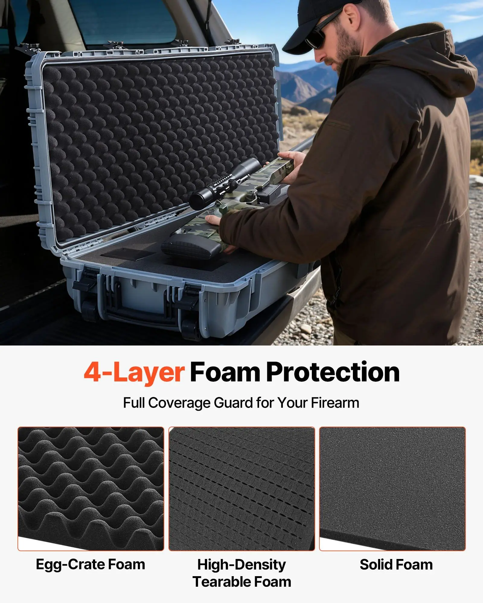 حافظة بندقية صلبة مقاس 52 بوصة IP67 حافظة مسدس مقاومة للماء والغبار مع 4 طبقات من الرغوة الناعمة والعجلات الصامتة حافظة بندقية قابلة للقفل