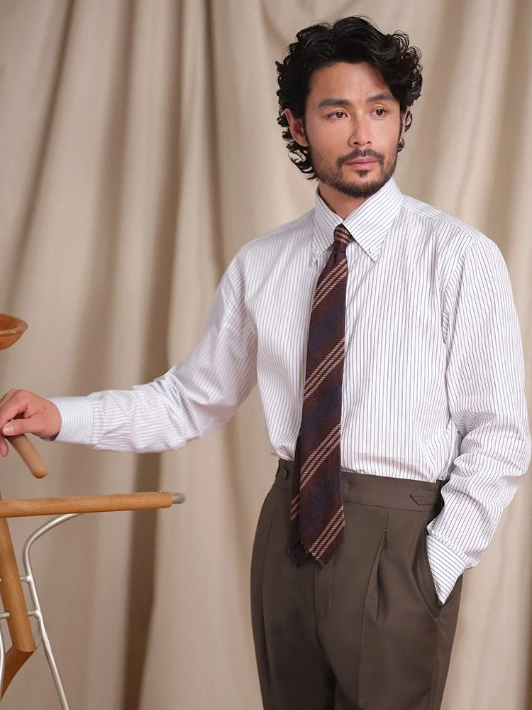 

CULTUM Italian Sle Blue White Stripes Long Sve Men's irt Double Tead Pure Cotton Button Collar Busin Casual