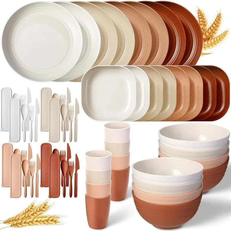 Wheat Straw Dinnerware Sets Unbreakable Plates and Bowls Microwave Safe Plastic Lightweight Knives Forks Spoons for Kitchen