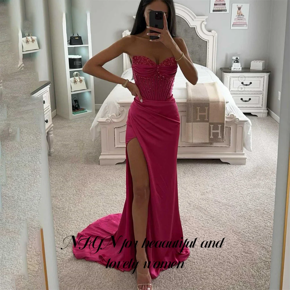 

NFYN Fuchsia Evening Dress Mermaid Party Dress with Pleats Satin Vestido De Novia Sexy Side High Split Prom Dresses Customized