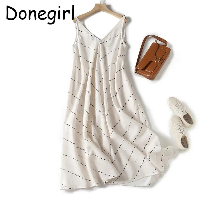 

Donegirl 2023 New Summer Women Sleeveless Dot Printed Vintage V-neck Sexy Dresses Elegant Simple Casual Suspended Dress Female