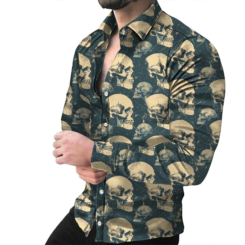 Retro Skull Flower Men\'s Pattern Long Sleeve Button Shirt Fashion Formal Shirt