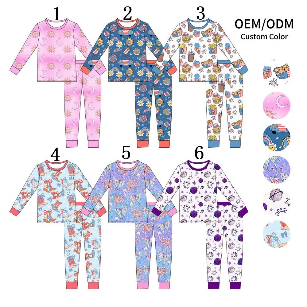 

Fourth of July Independence Day kids pajama set long sleeve red and blue rainbow car chips boots print pants pajama set