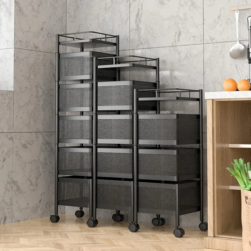 Kitchen Rotating Shelf Multi-tiers Basket Fruit Vegetable Storage Metal Rack with Wheels