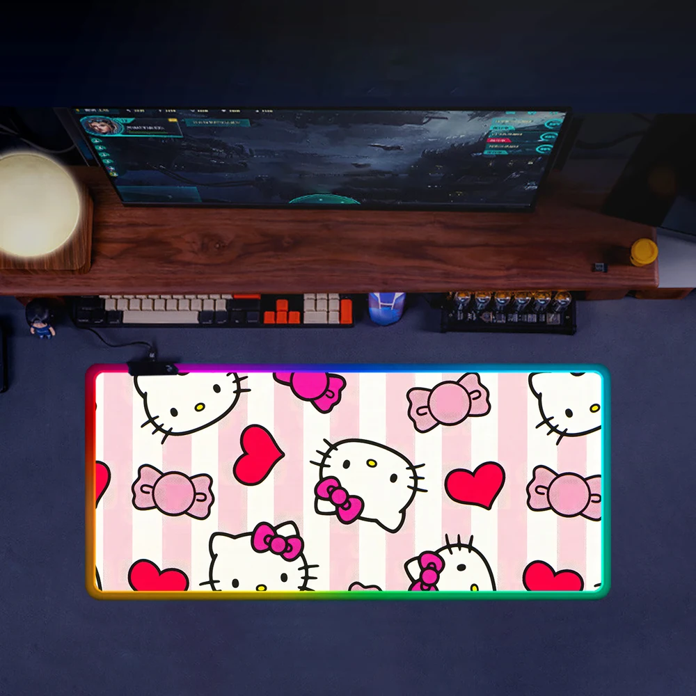 Funny Cute Cartoon Hello Kitty RGB Pc Gamer Keyboard Mouse Pad Mousepad LED Glowing Mouse Mats Rubber Gaming Computer Mausepad