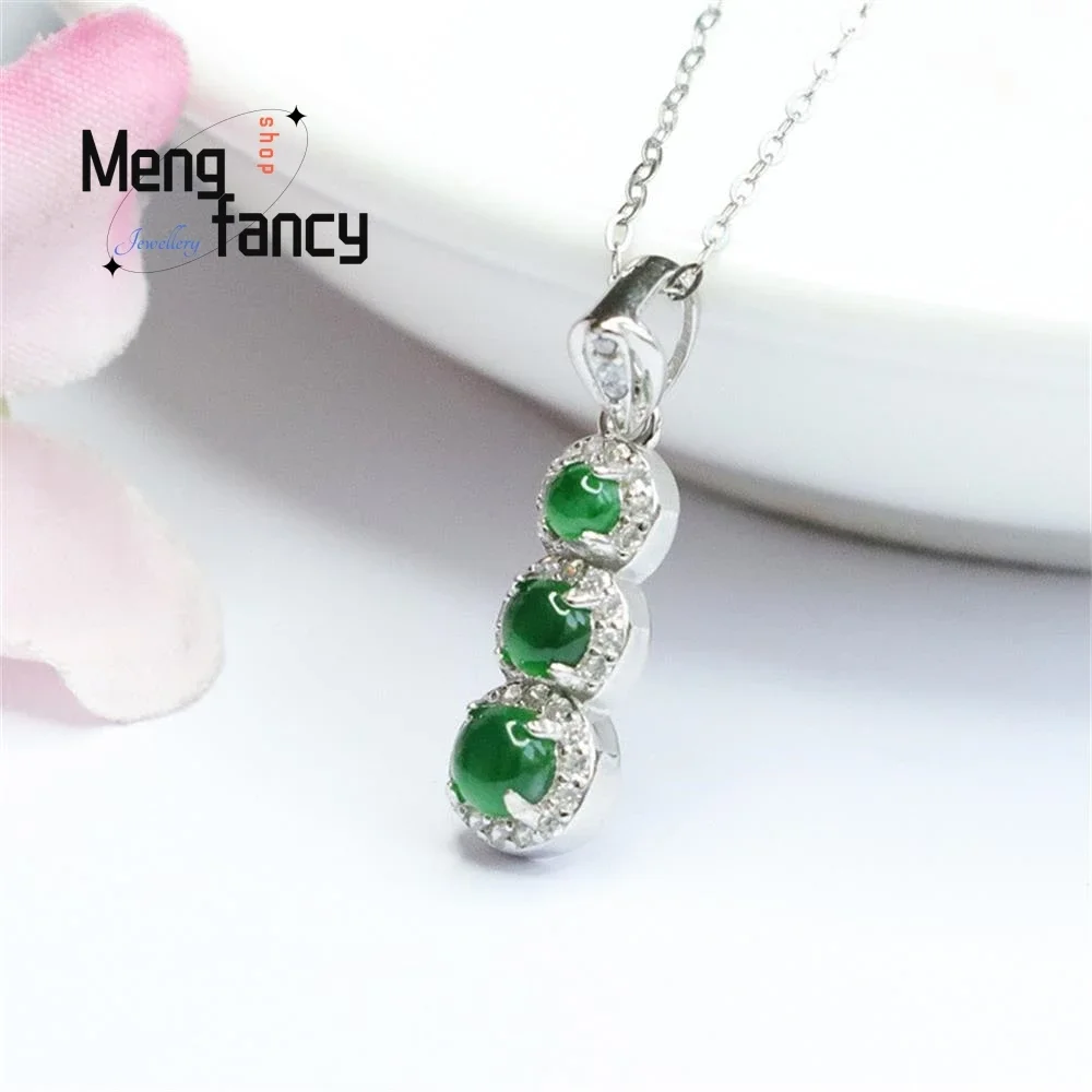 S925 Silver Lnlaid Natural Ice Jadeite Four Season Bean Pendant Exquisite Elegant Simple High-grade Luxury Quality Fine Jewelry