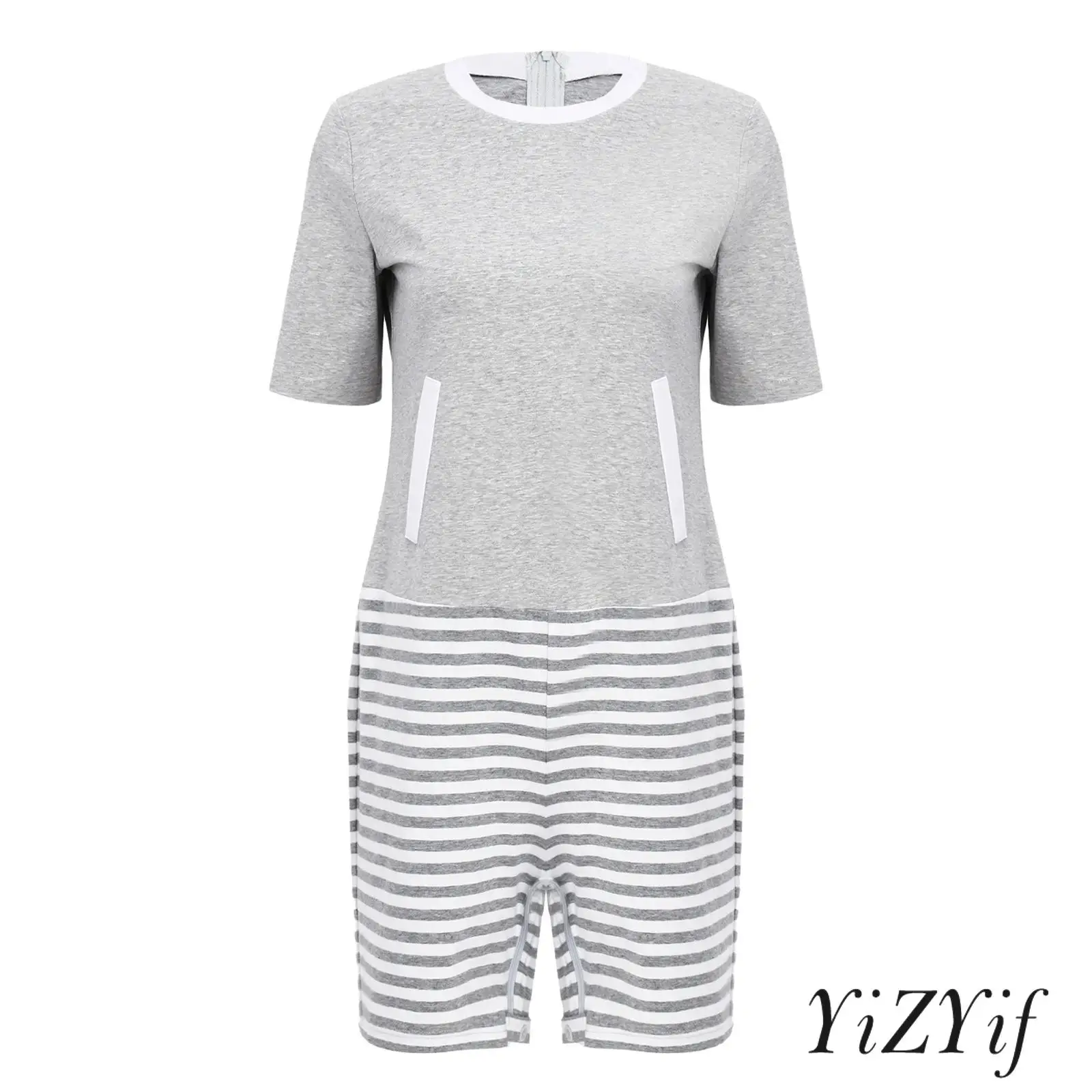 Dignified Adaptive Romper for Elderly Women Anti Strip Color Block Jumpsuit with Back And Crotch Zippers Alzheimers Patient Care