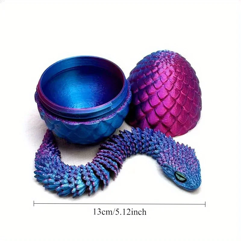 3D Printed Snake with Egg – Movable Multi-Joint Figurine with Cool Eyes for Desk, Living Room, or Home Decor Display