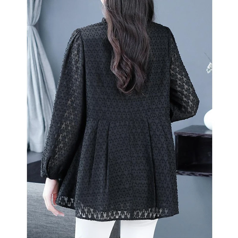 2024 Spring Autumn Women Ruffled Vintage Elegant Blouse Fashion V Neck Long Sleeve Oversized Shirts Ladies Chic Black Tunic Tops