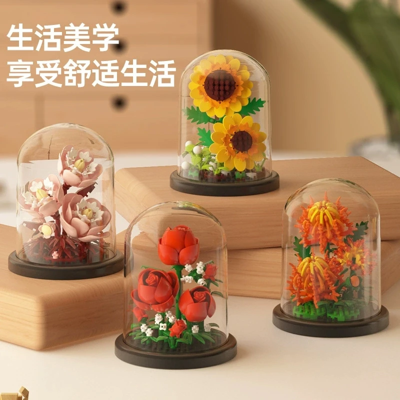 DIY MOC Flower Arrangement Dust Cover Tulip Rose Sunflower Plants Succulents Gardens Building Blocks Model Kids Sets Kits Toys image 3