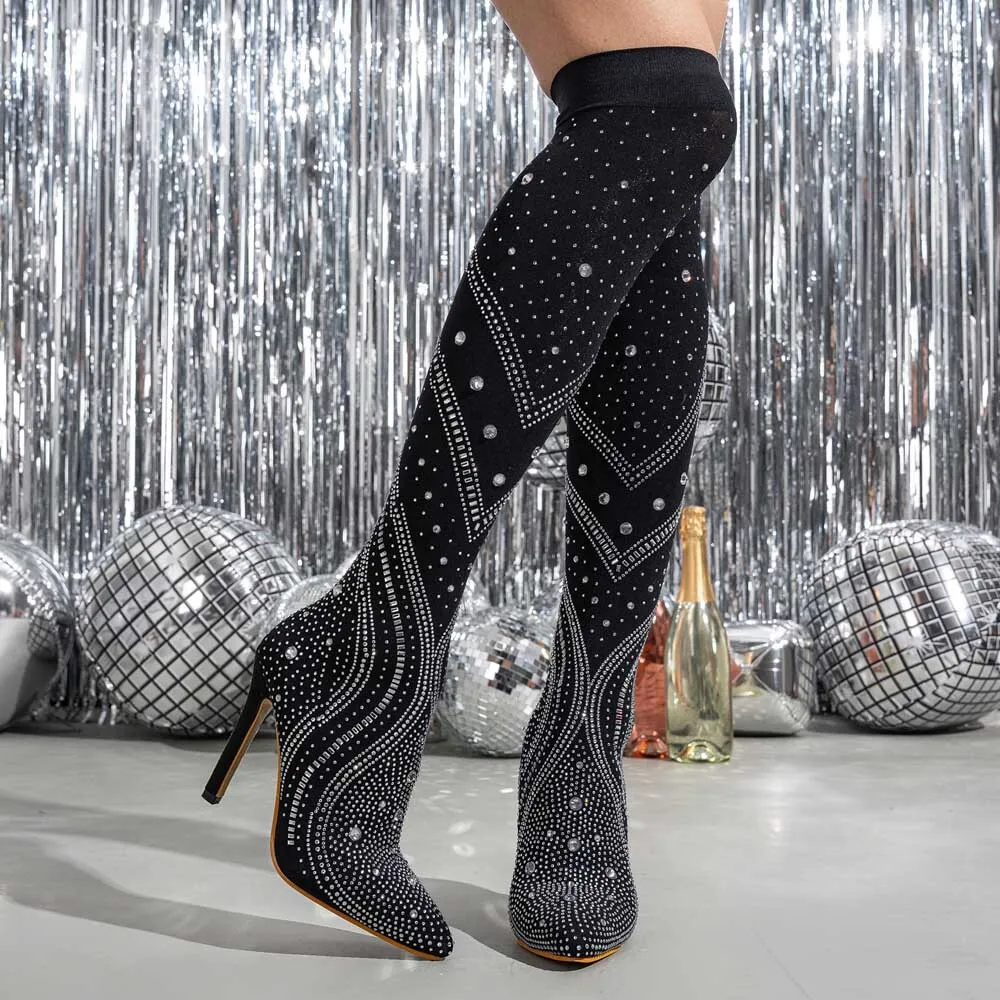 

Long boots with pointed toe, stylish rhinestone, fashionable runway, nightclub, sexy, slim and elastic over the knee boots