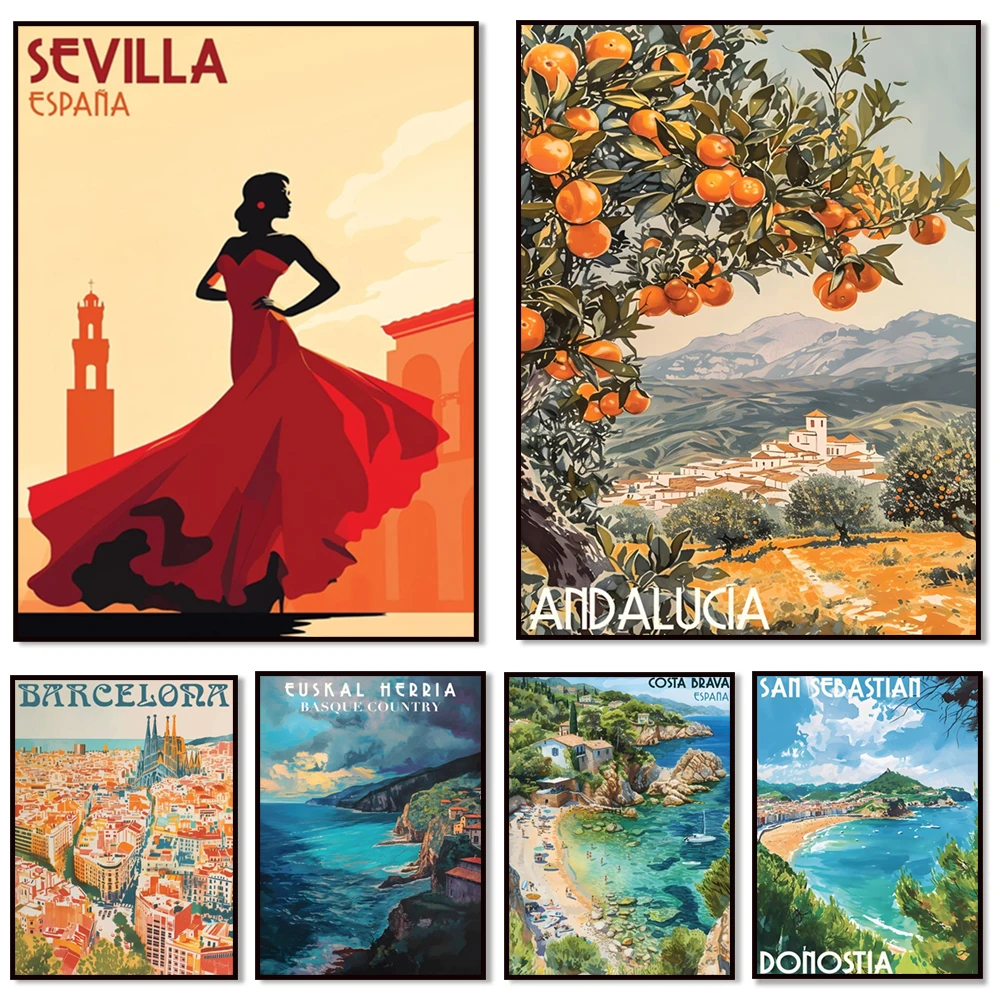 San Sebastian, Basque Country, Barcelona, ​​Andalucia, Costa Brava, Seville, Ibiza, Spain bull and white pueblo travel poster