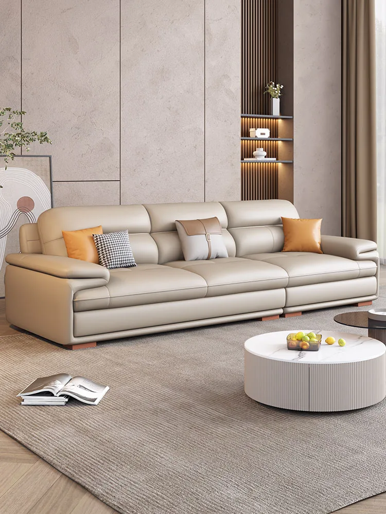 

Nordic leather sofa with cowhide top layer, straight row three person size unit leather sofa combination