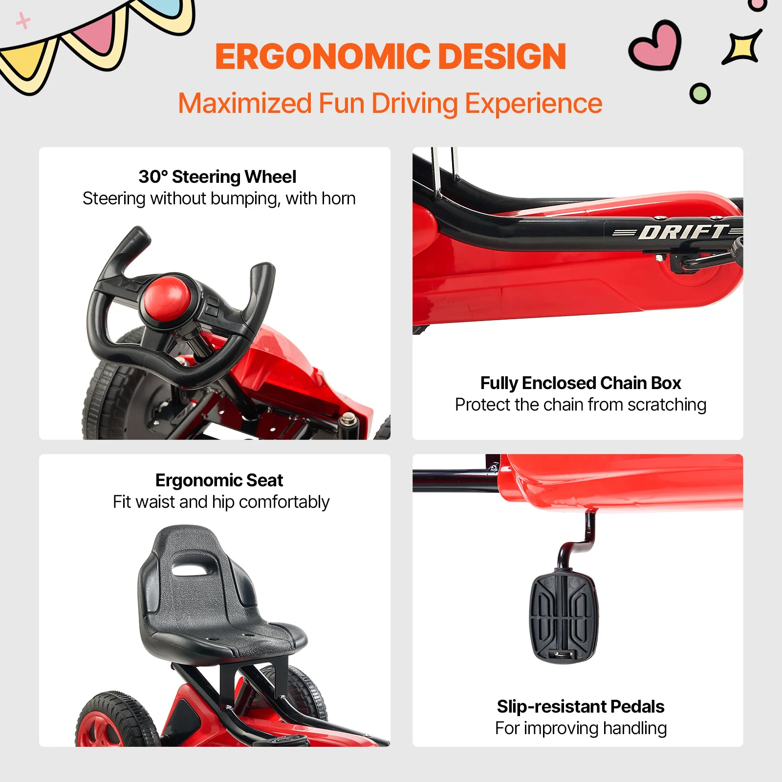 VEVOR Carrito de Pedales de 4 Ruedas para Niños con Volante, Asiento Ergonómico Ajustable y Freno de Mano, Ruedas Antideslizantes, Carga de 29,5 kg Coche de Pedales para Niños de 3 a 8 Años, Rojo