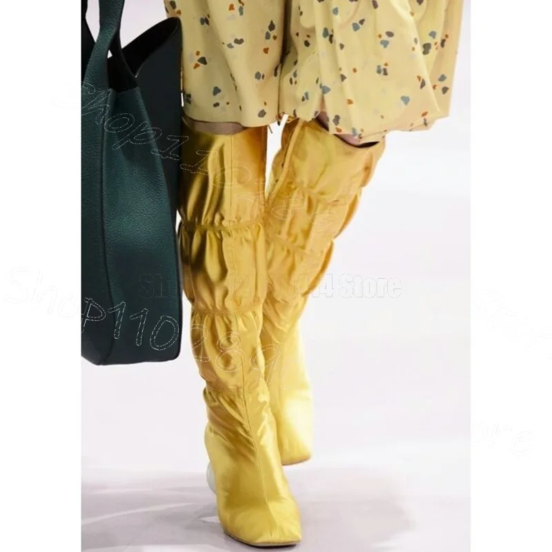 

Yellow Pleated Design Lantern Heel Boots Side Zipper Women Shoes Square Toe Party Feast Dating Runway 2025 Zapatos Para Mujere