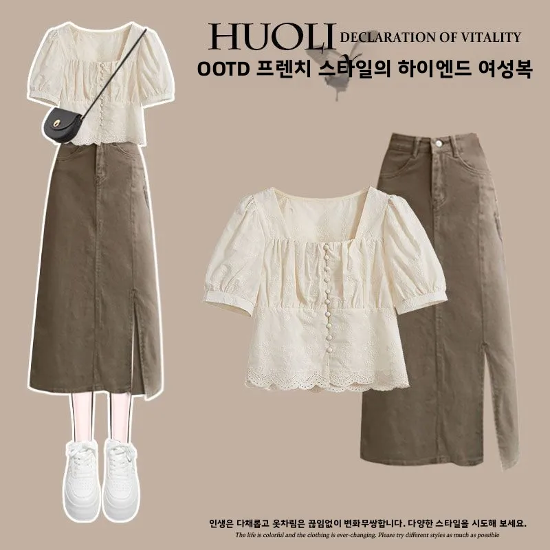 

Летний наряд больших размеров, красивая джинсовая юбка Bubble Sve, комплект из двух предметов, модный женский комплект больших размеров с квадратным воротником...