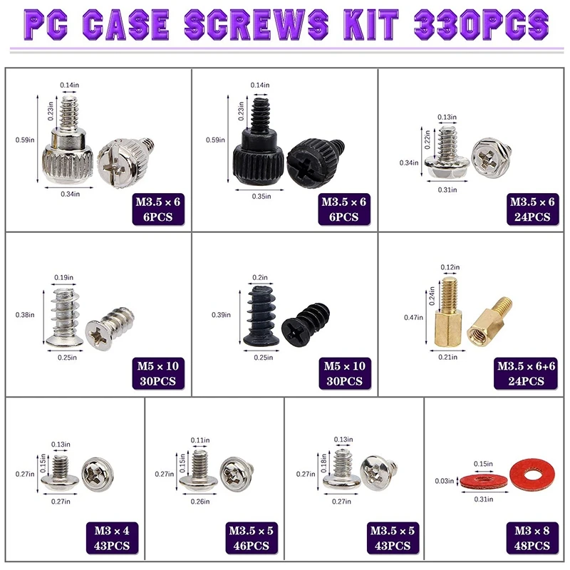 ABUH-330Pcs DIY Motherboard PC Personal Computer Assemble Case Fan Hand Screw Bolt Standoff Washer Set Assortment Kit