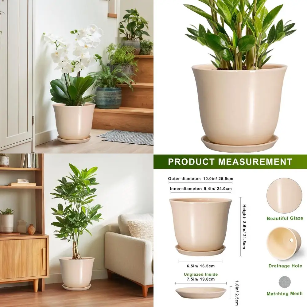 

Круглый цветочный горшок 10 дюймов с дренажем и поддоном, подходит для использования в помещении и на улице, бежевый