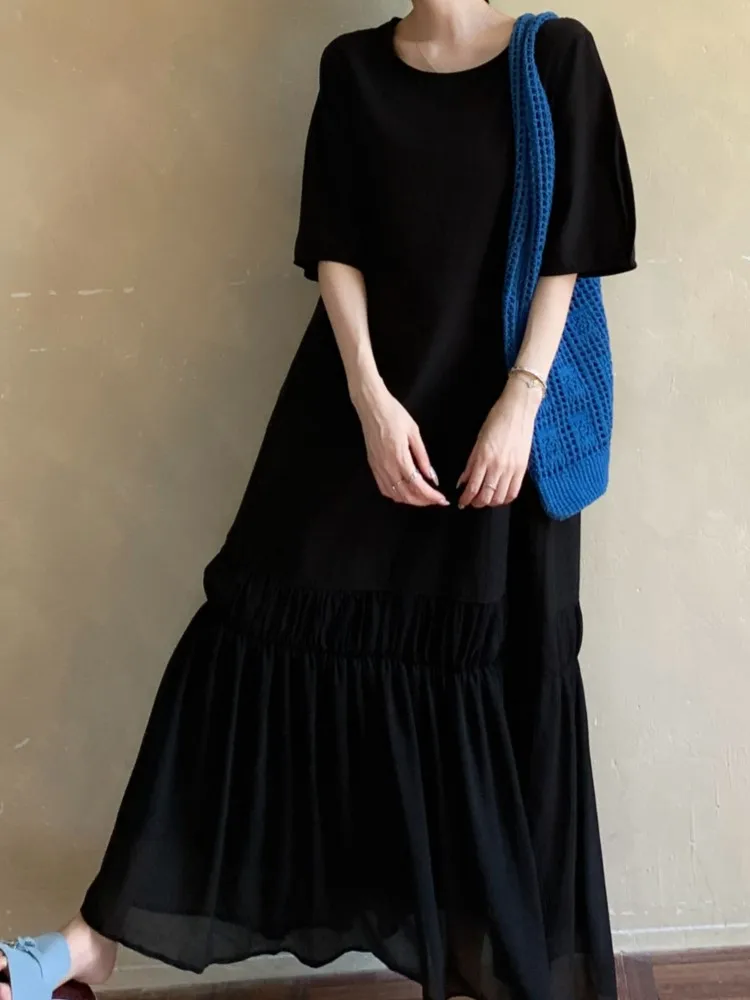 Plus size Lazy Casual Ladies Dresses European Holiday Women Patchwork loose Fake Two Piece Long Maxi Cotton T-Shirt Dress